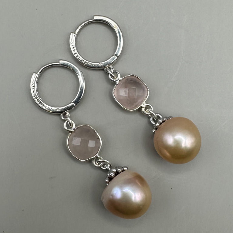 Perlen und Rosenquarz Creolen Silber 925 Ag