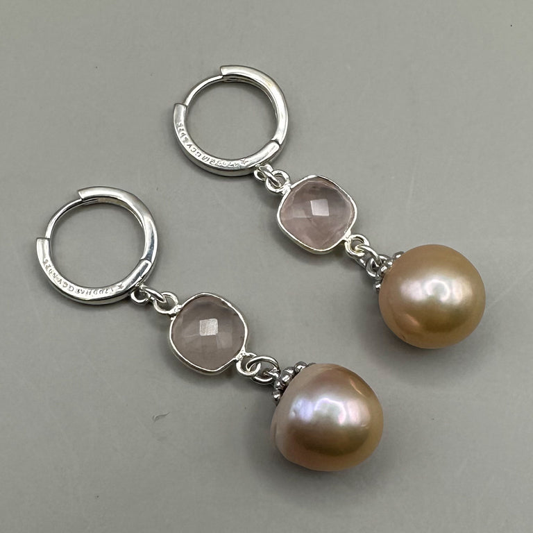 Perlen und Rosenquarz Creolen Silber 925 Ag