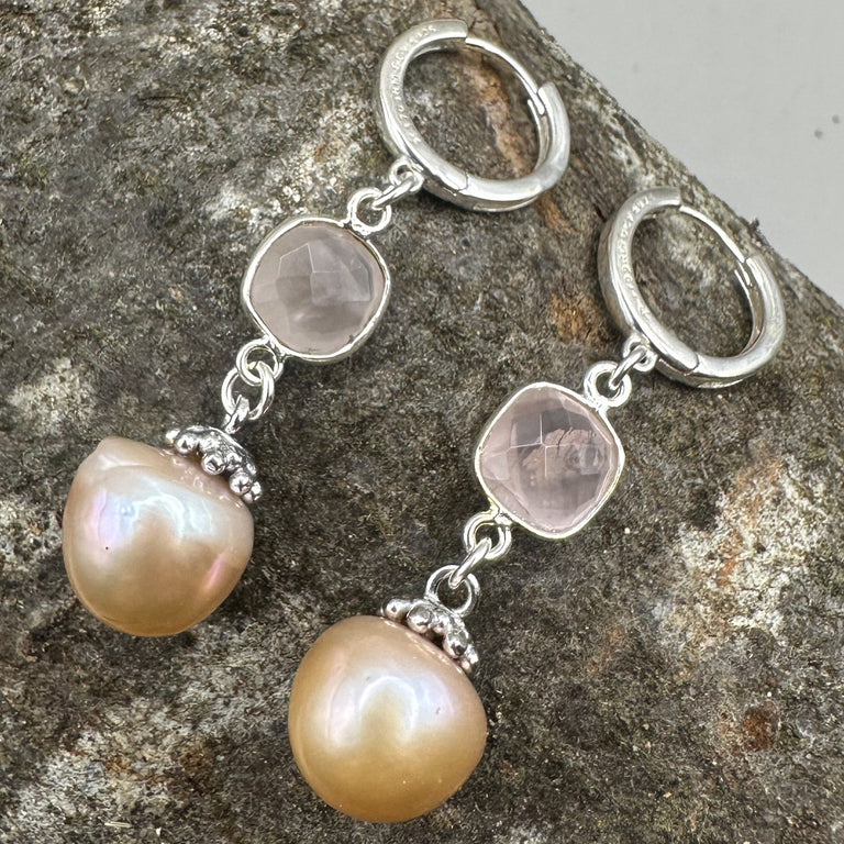Perlen und Rosenquarz Creolen Silber 925 Ag