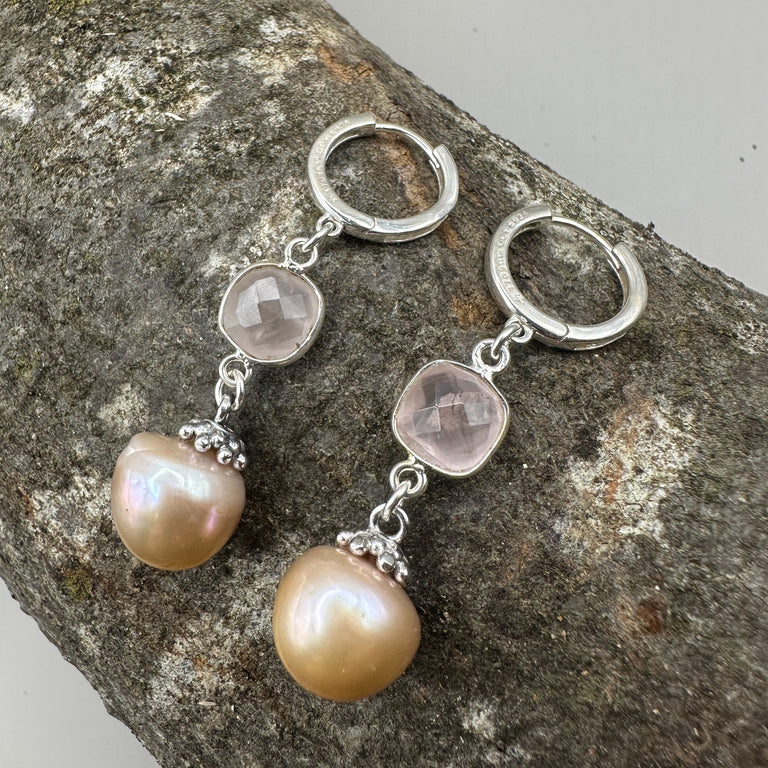 Perlen und Rosenquarz Creolen Silber 925 Ag