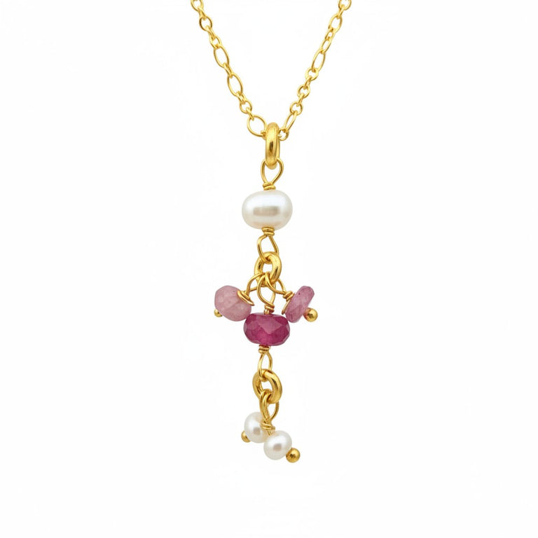 Feine Y-Kette mit Rosturmalin und Perlen – elegant & filigran
