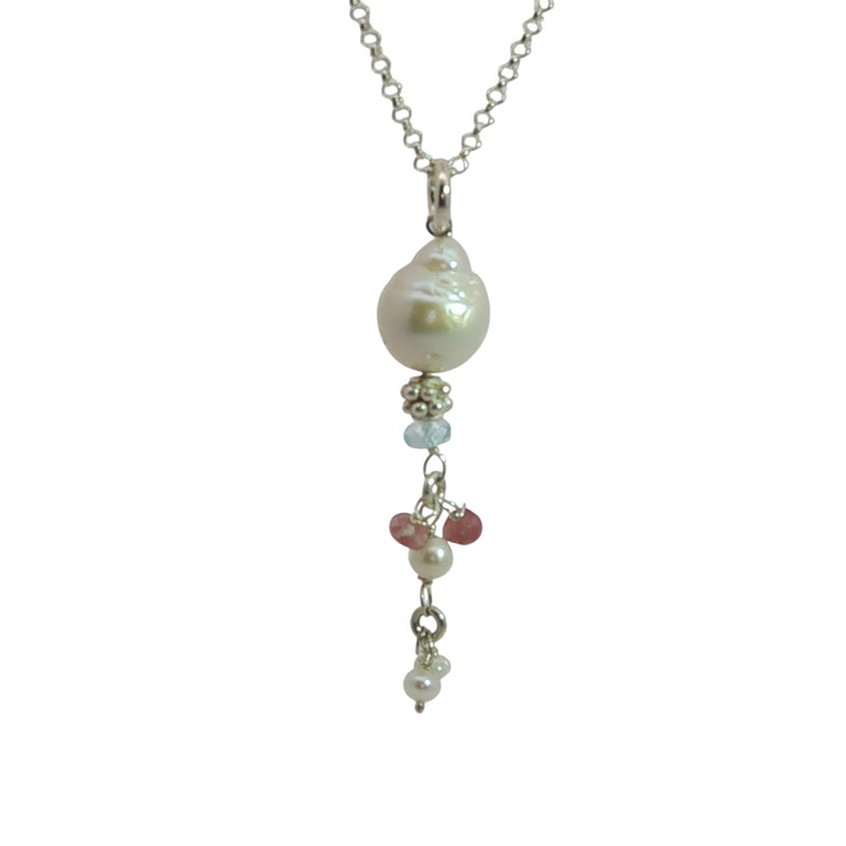 Ypsilon Halskette mit Barockperle und Turmalin-Charms