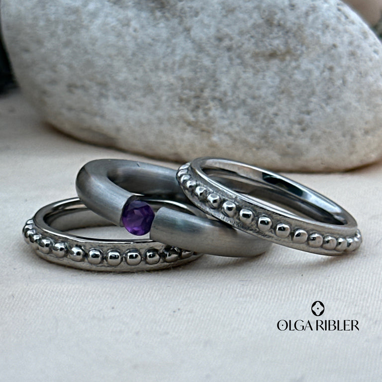 3-teiliges Ring-Set Edelstahl mit Amethyste