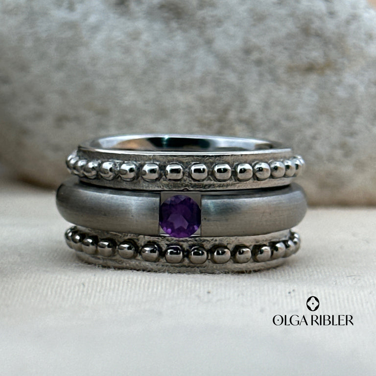 3-teiliges Ring-Set Edelstahl mit Amethyste