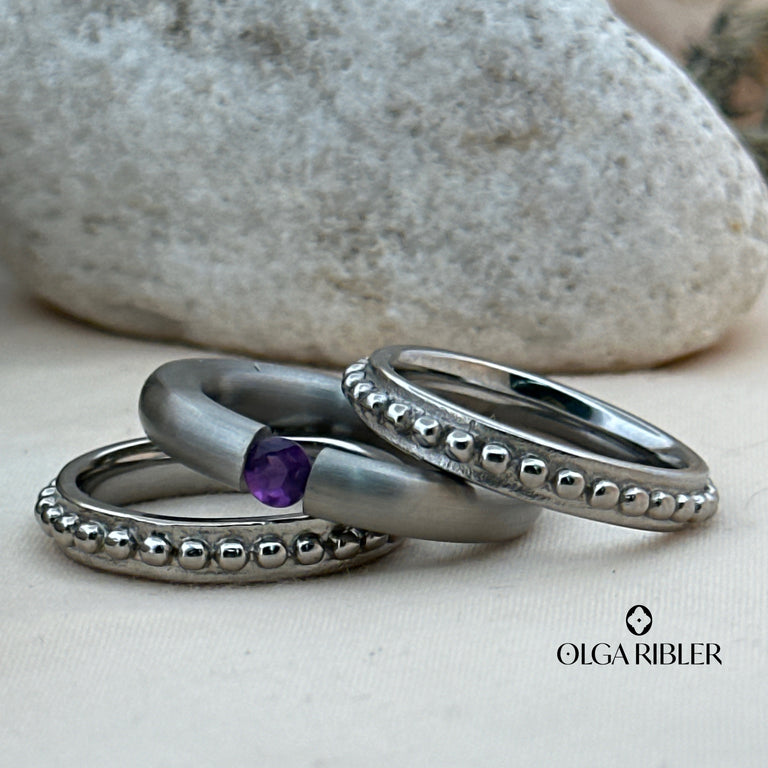 3-teiliges Ring-Set Edelstahl mit Amethyste