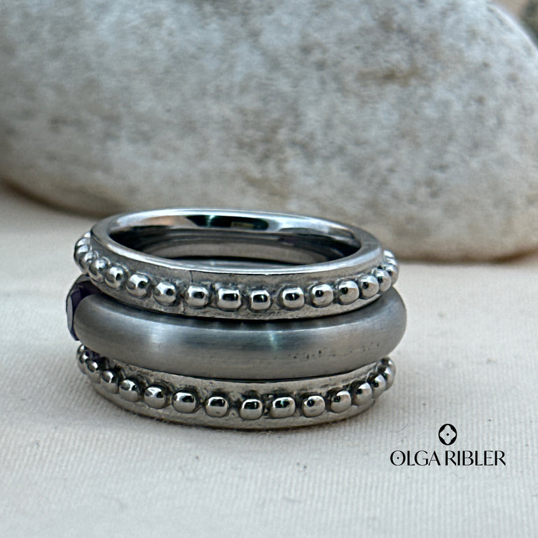 3-teiliges Ring-Set Edelstahl mit Amethyste
