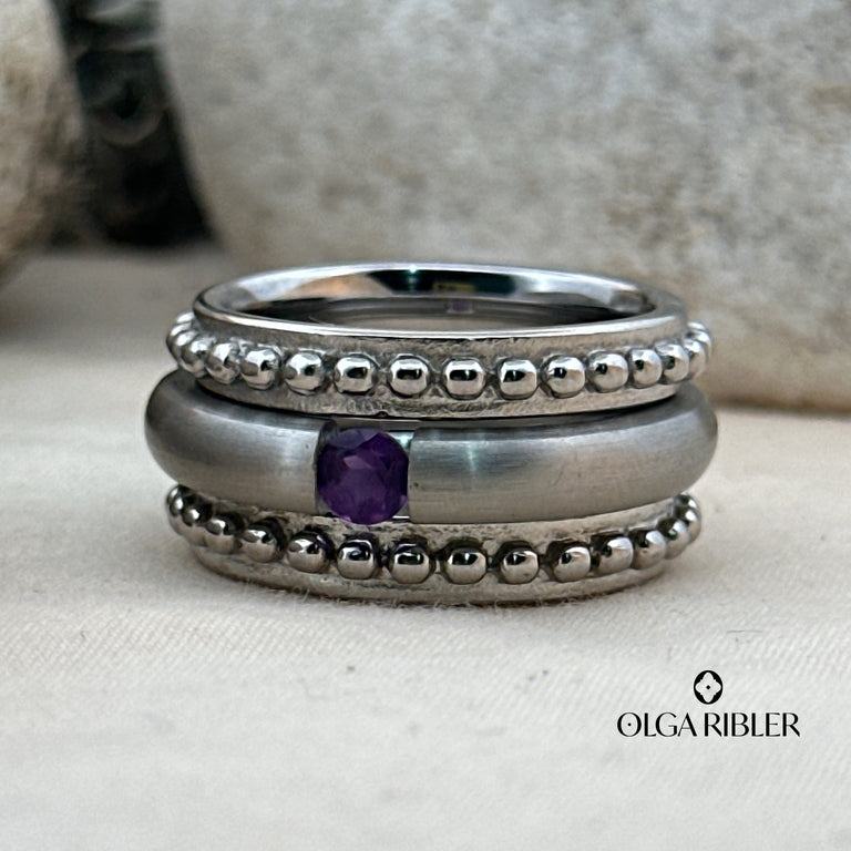 3-teiliges Ring-Set Edelstahl mit Amethyste