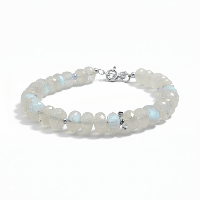 Regenbogenmondstein Armband – facettierte Rondellen | 925 Silber