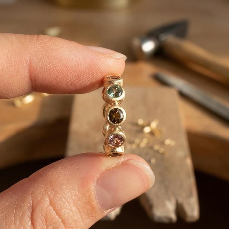 Ring Estia 4 mm Turmaline und Rauchquarz