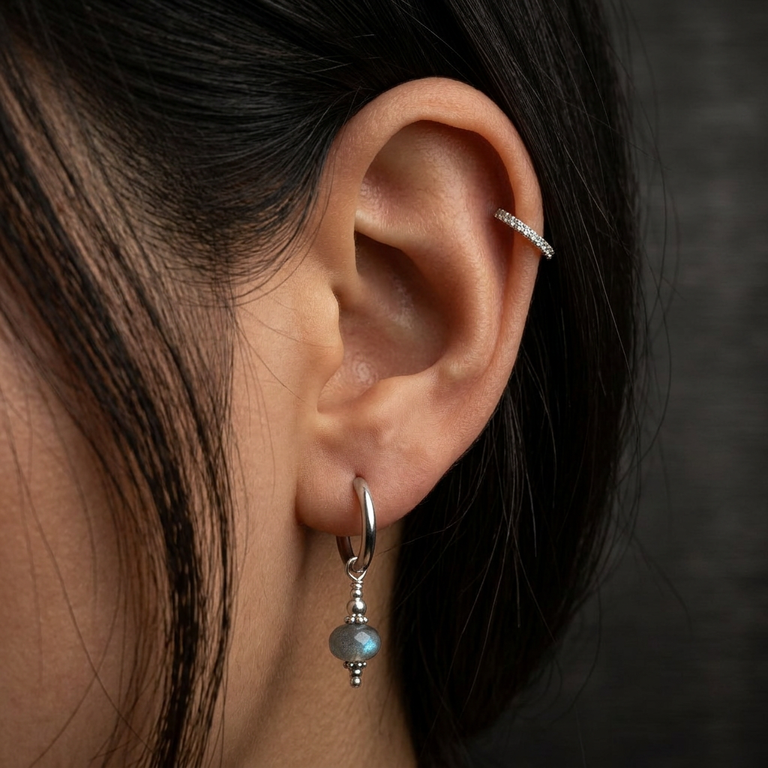 Creolen 16 mm Edelstahl mit Labradorite Charms SALE
