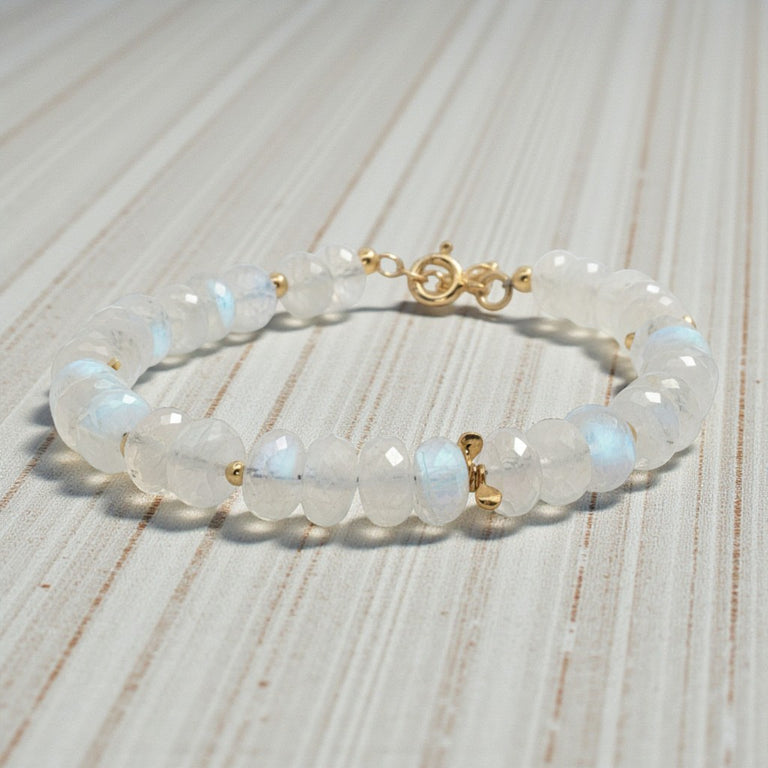 Regenbogenmondstein Armband – facettierte Rondellen | 925 Silber