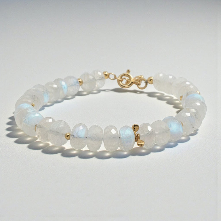 Regenbogenmondstein Armband – facettierte Rondellen | 925 Silber