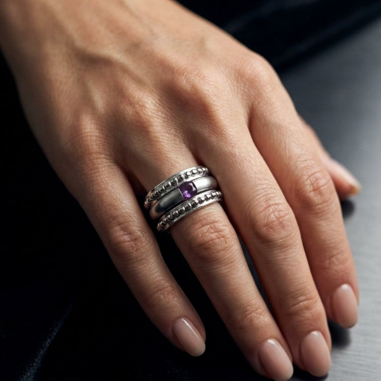 3-teiliges Ring-Set Edelstahl mit Amethyste