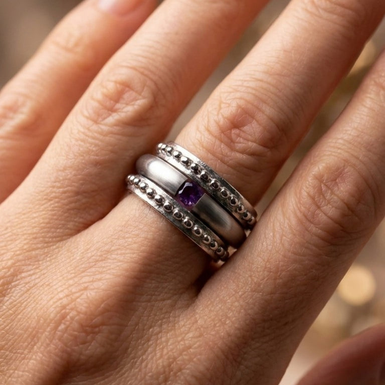 3-teiliges Ring-Set Edelstahl mit Amethyste