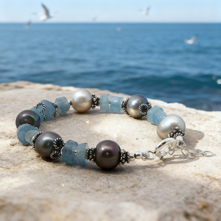 Aquamarin & Perlen Armband Unikat