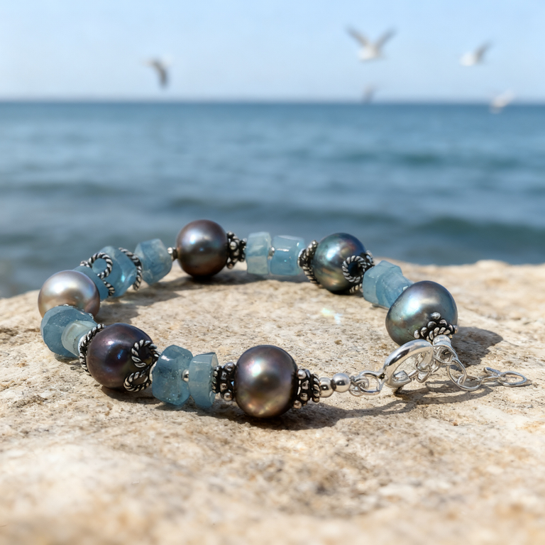 Aquamarin & Perlen Armband Unikat