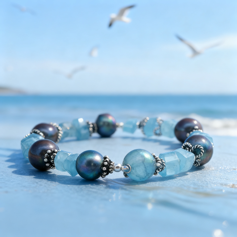 Aquamarin & Perlen Armband Unikat