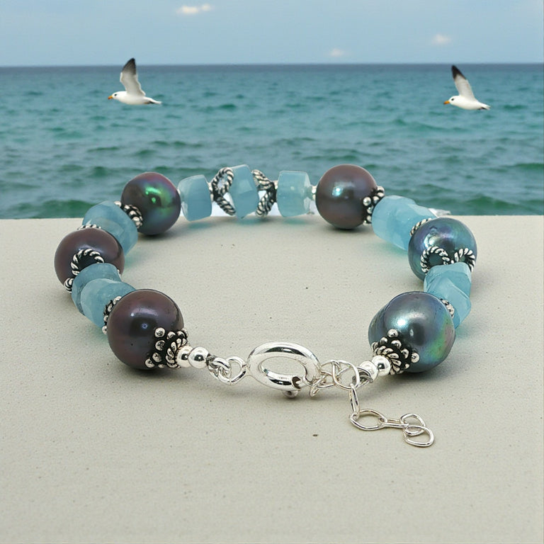 Aquamarin & Perlen Armband Unikat