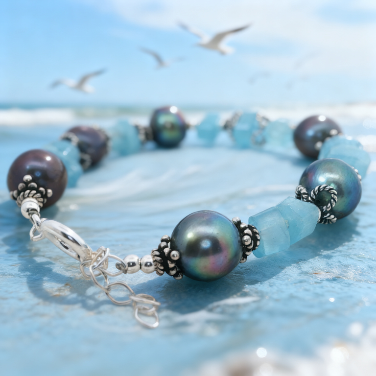 Aquamarin & Perlen Armband Unikat