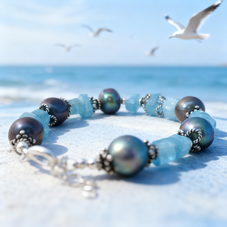 Aquamarin & Perlen Armband Unikat